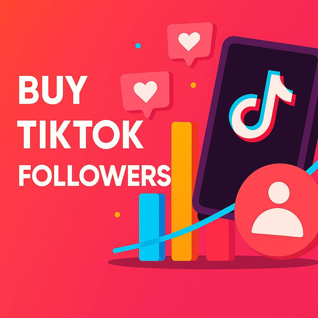 Promotional graphic with centered “Buy TikTok Followers” headline, featuring a smartphone interface and digital icons in a flat, balanced layout.
