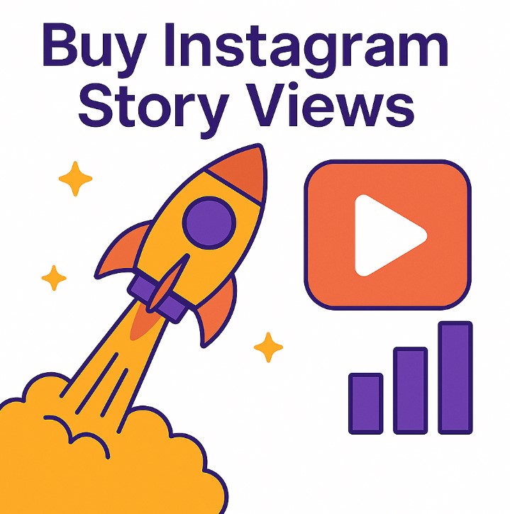 Buy Instagram Story Views promotional graphic featuring a dynamic rocket, Instagram Story icon, and rising bar chart on a clean white background with playful yellow stars, symbolizing growth and increased visibility