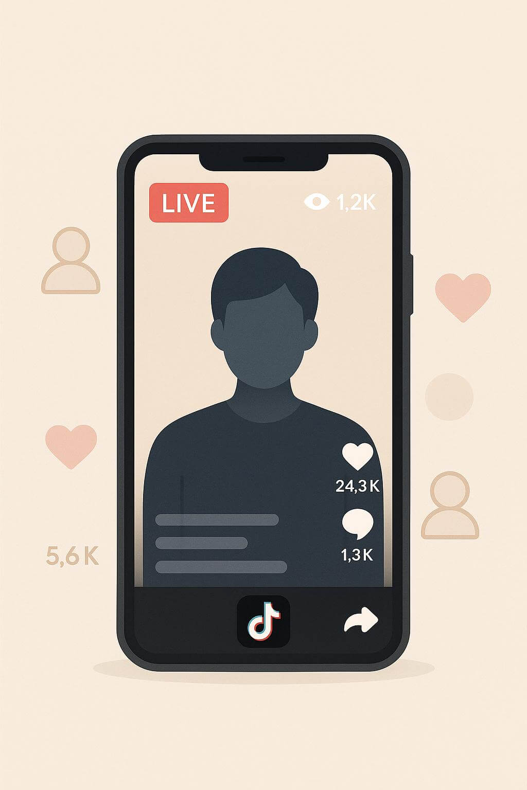 Minimalist illustration of a smartphone showing a TikTok live stream with viewer and engagement icons