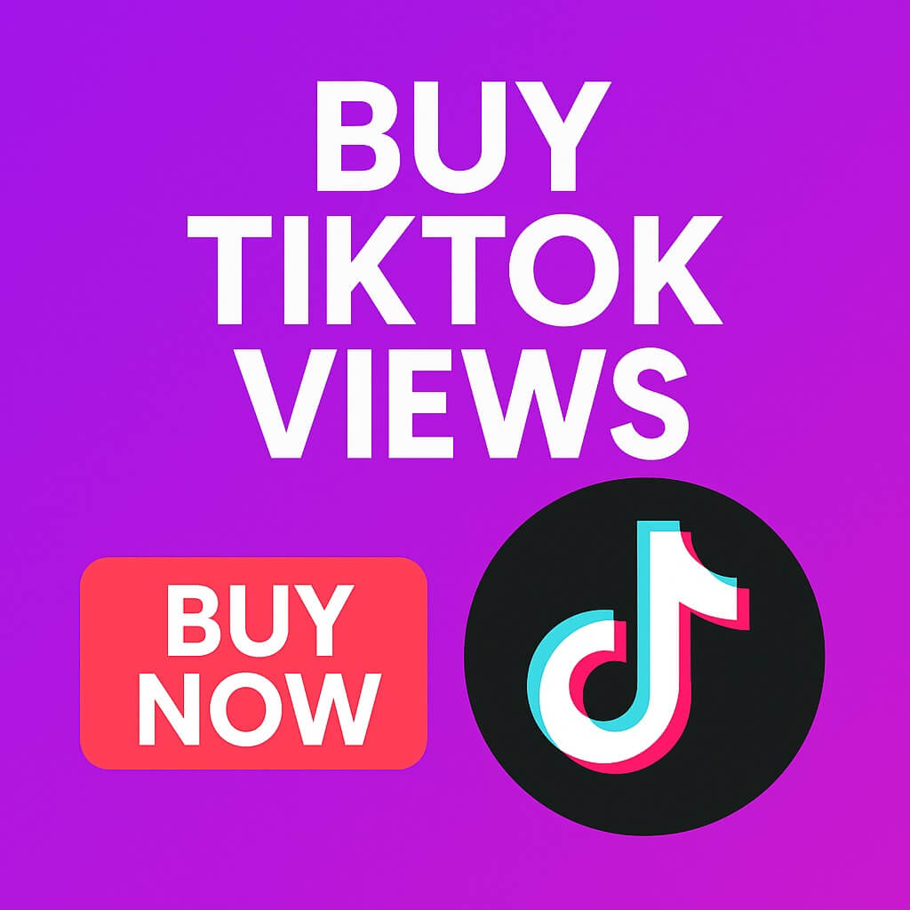  Illustration promoting the purchase of TikTok views, featuring a smartphone with TikTok interface, price tag, and play button icons in a flat, modern style