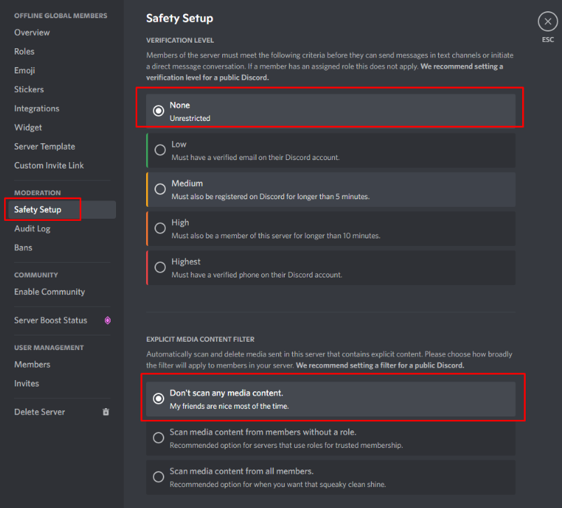 discord safety setup, moderation settings