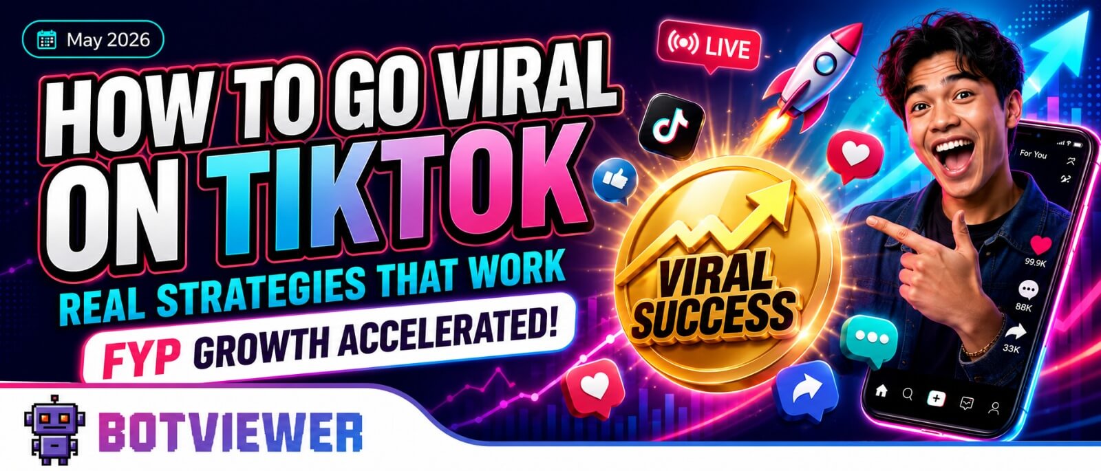 BotViewer “How to Go Viral on TikTok in 2026” blog banner showing TikTok FYP growth, viral success, view growth, and content strategy visuals.
